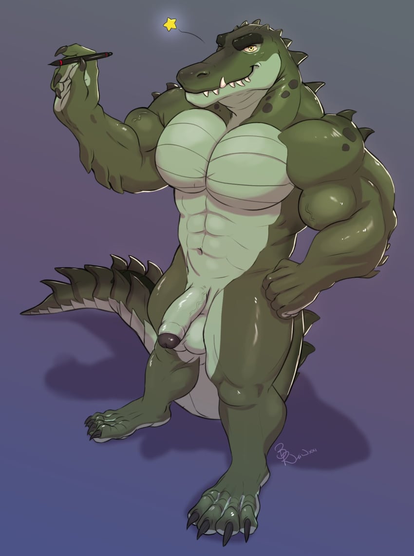 abs alligator alligatorid anthro barefoot beastdaddie casual_nudity crocodilian feet fingers flaccid foreskin genitals hi_res humanoid_genitalia humanoid_hands humanoid_penis looking_at_viewer male manly muscular muscular_anthro muscular_male navel non-mammal_navel nude penis reptile scalie simple_background smile solo solo_male tail toes