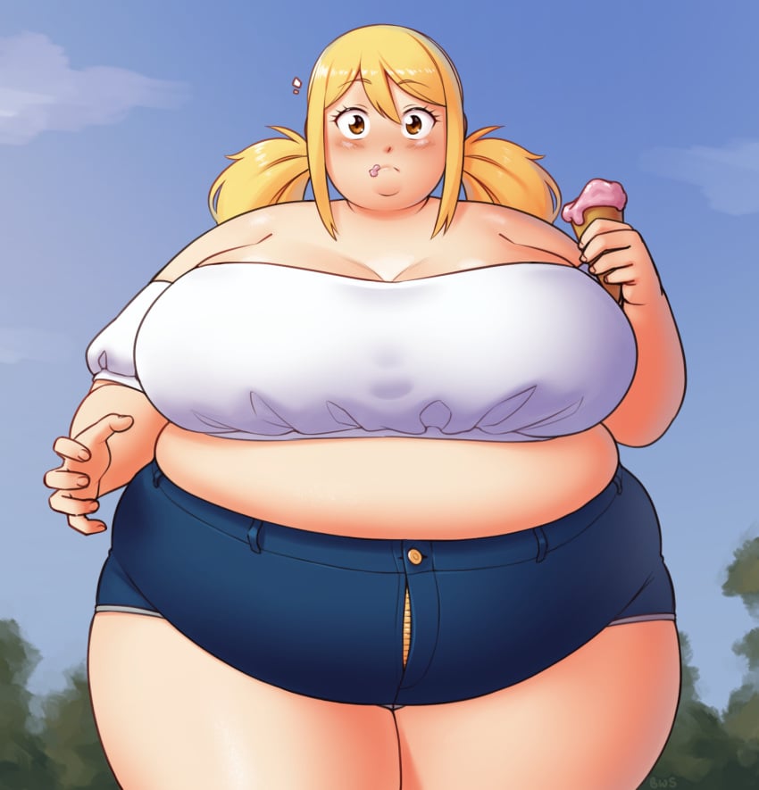 bbw better_with_salt blonde_female bursting_clothes eating fairy_tail fat fat_woman huge_belly huge_breasts ice_cream lucy_heartfilia obese obese_female short_shorts top twintails