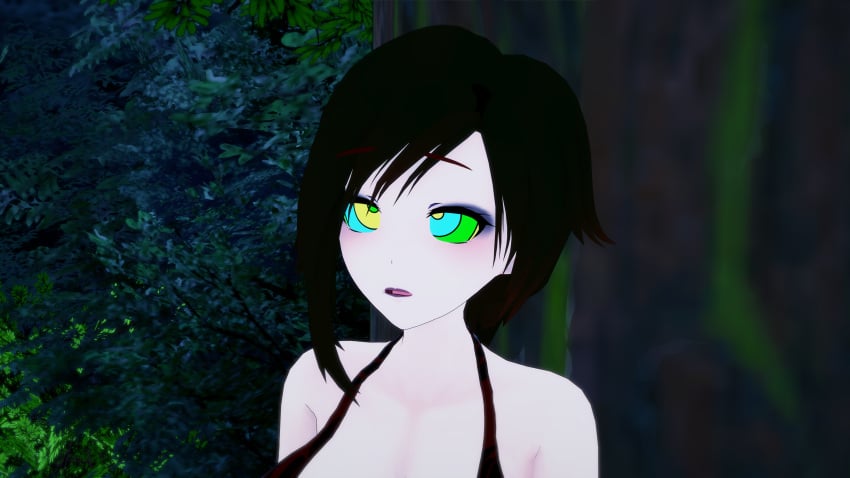 1boy 1girls 3d bikini black_hair breasts cleavage coiling crossover hypnosis jungle kaa kaa_eyes koikatsu large_breasts leaning_forward lipstick mind_control mrkoiru outdoors pale_skin red_lipstick ruby_rose rwby short_hair snake swimsuit the_jungle_book tree