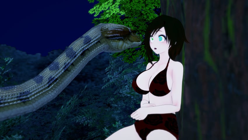 1boy 1girls 3d bikini black_hair breasts crossover hypnosis jungle kaa kaa_eyes koikatsu large_breasts lipstick mind_control mrkoiru outdoors pale_skin red_lipstick ruby_rose rwby short_hair snake surprised swimsuit the_jungle_book tree vore