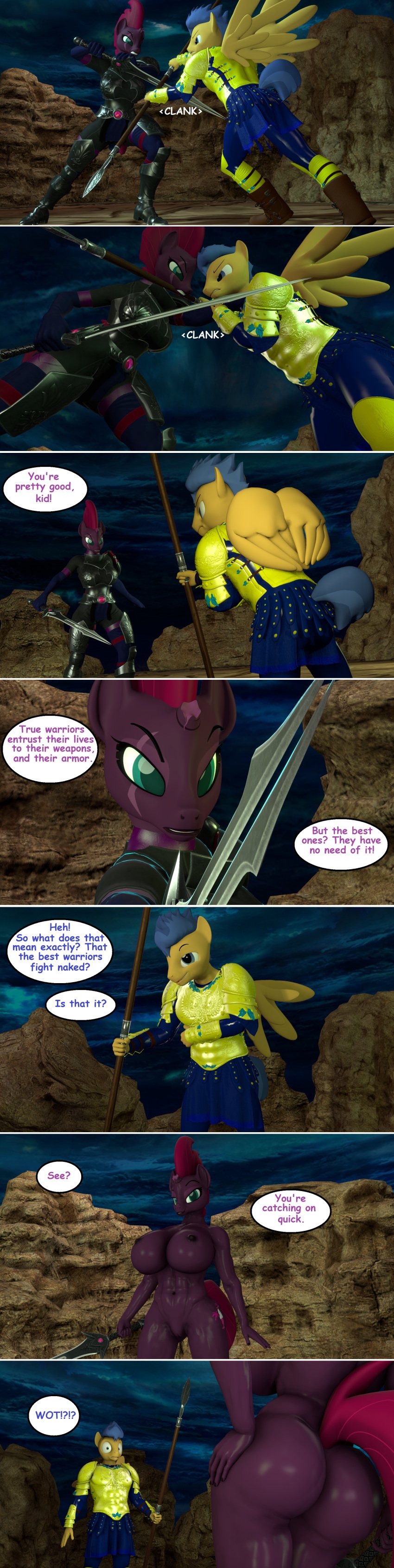 2023 3d_(artwork) 5_fingers abs absurd_res anthro anthrofied areola armor ass big_breasts big_butt blue_eyes blue_hair blue_tail breasts broken_horn bubble_butt comic curvy_figure cutie_mark detailed_background dialogue digital_media_(artwork) duo english_text equid equine eyelashes feathered_wings feathers female fight fingers flash_sentry_(mlp) fluffy fluffy_tail friendship_is_magic fur genitals hair hasbro hi_res horn huge_breasts huge_butt long_tail magenta_hair magenta_tail male mammal melee_weapon muscular muscular_anthro muscular_female my_little_pony my_little_pony:_the_movie_(2017) mythological_creature mythological_equine mythology navel nipples nude outside pegasus polearm purple_body purple_fur pussy scar smile source_filmmaker_(artwork) spear sword tail teal_eyes tempest_shadow_(mlp) text that1guy thick_thighs unicorn voluptuous weapon wide_hips wings yellow_body yellow_fur