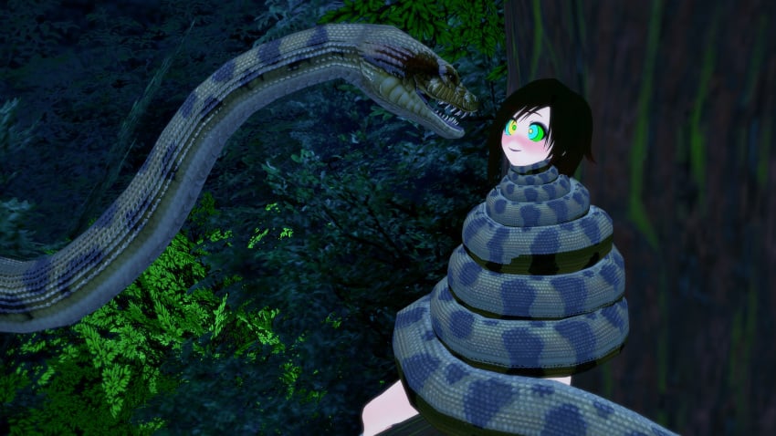 1boy 1girls 3d bikini black_hair breasts cleavage coiling crossover happy_trance hypnosis jungle kaa kaa_eyes koikatsu large_breasts leaning_forward lipstick mind_control mindless mrkoiru outdoors pale_skin red_lipstick ruby_rose rwby short_hair smile snake swimsuit the_jungle_book tree vore