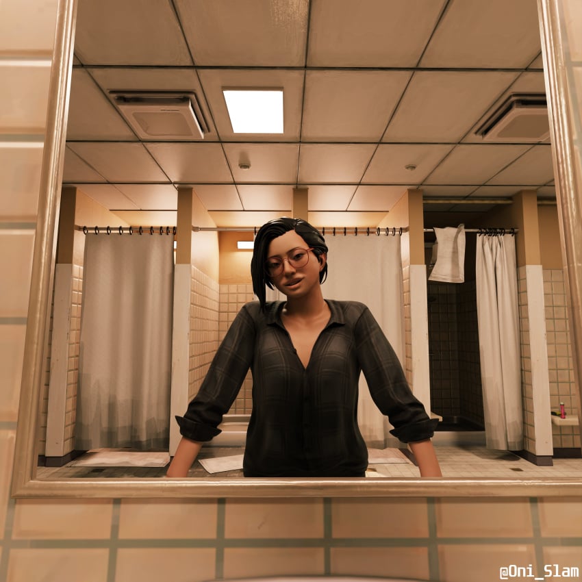 3d alex_chen bathroom big_breasts clothed clothes glasses large_breasts life_is_strange life_is_strange:_true_colors oni_slam shower sink smile