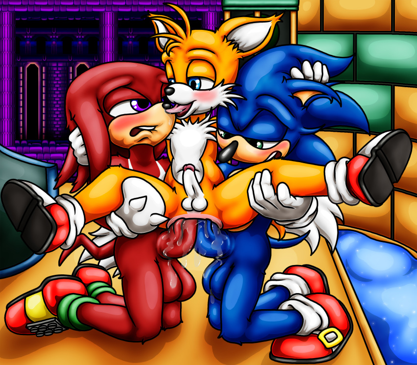 anal anal_sex anthro balls big_eyes big_head canine double_anal double_penetration echidna fox group group_sex happyanthro hedgehog knuckles_the_echidna male male_only mammal monotreme penetration penis sex sonic_(series) sonic_the_hedgehog tails team_sonic threesome toony yaoi