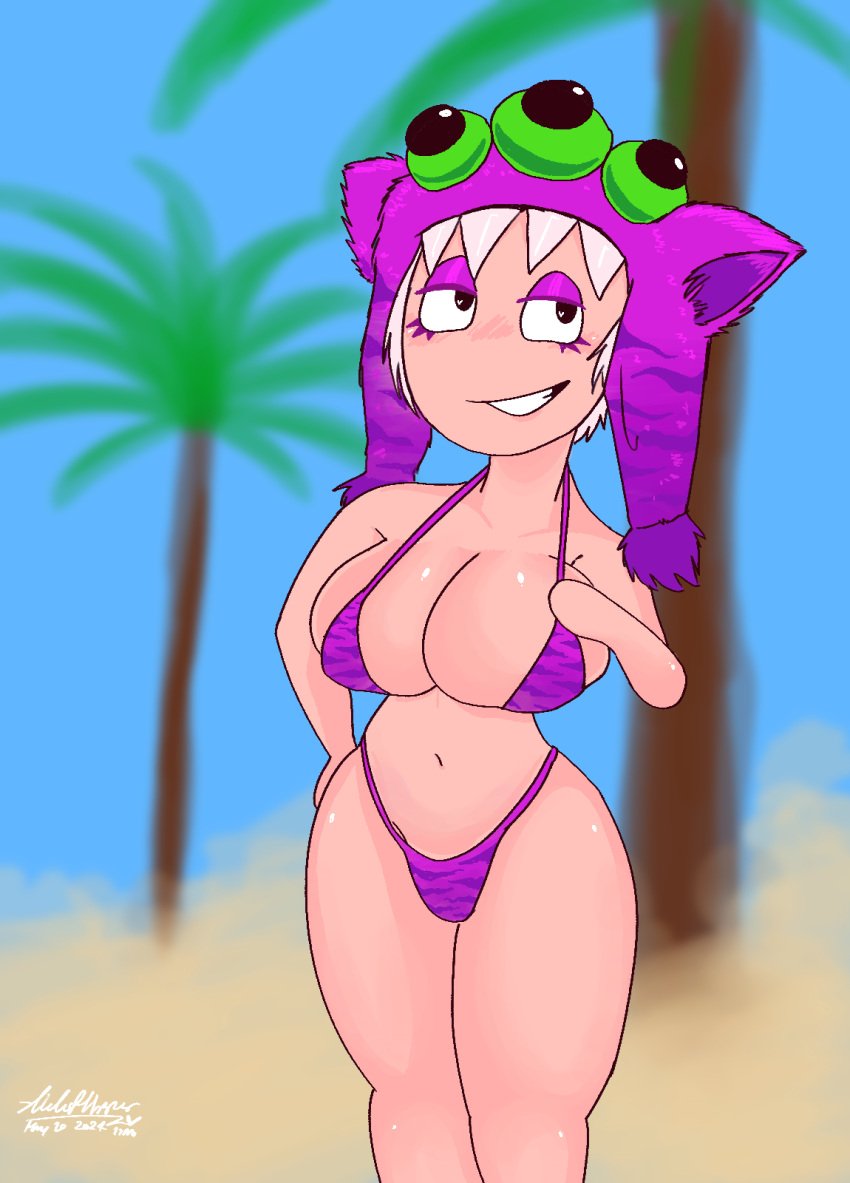 beach beach_buggy_racing_2 big_ass big_breasts big_breasts big_butt big_thighs breasts breasts_grab fair_skin female female_only mikka mikka_(bbr2) pink_bikini pink_eyeshadow pink_hat slickflipper smiling smiling_at_viewer