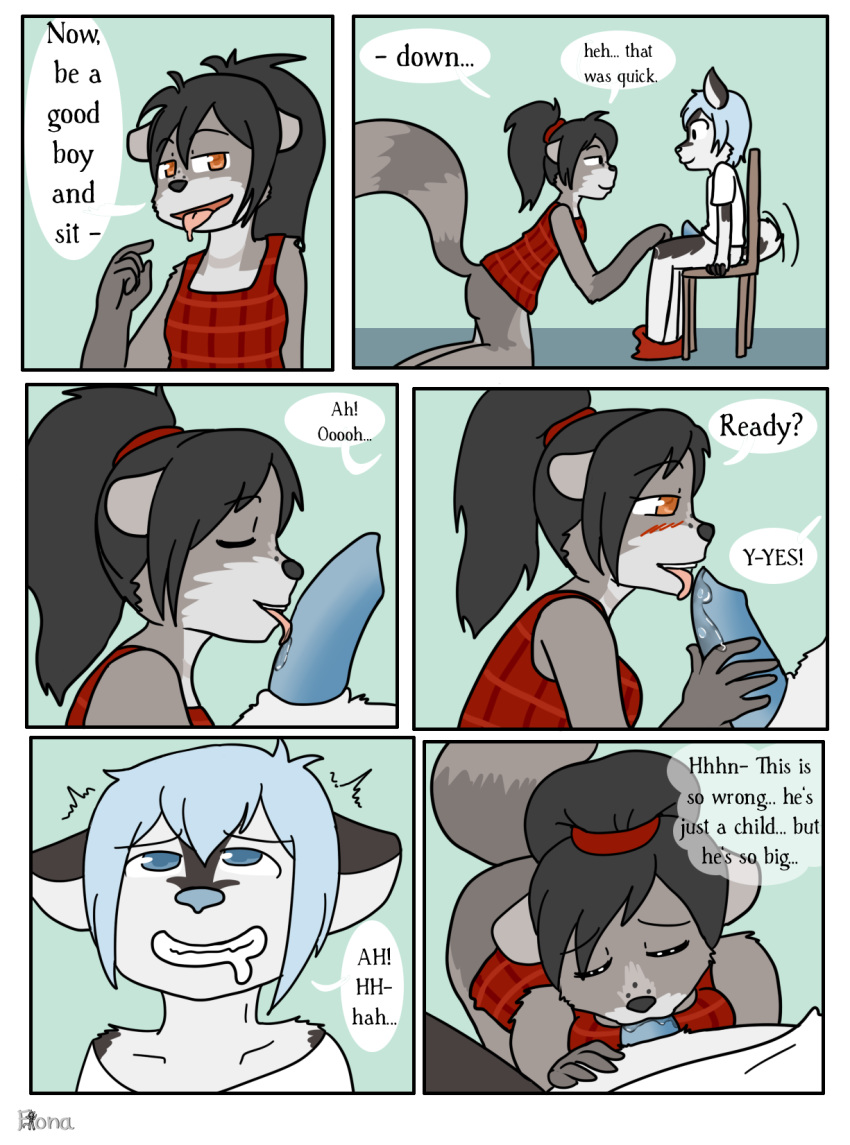 2016 age_difference anthro black_fur black_hair black_nose blue_eyes blue_hair blue_nose blue_penis blush bottomless breasts canine closed_eyes clothed clothing comic dialogue dimitri_(xelaaredn) drooling duo english_text fellatio female fiona_(artist) fur grey_fur hair husky licking male mammal oral penis penis_lick procyonid raccoon saliva sex straight tawney text tongue tongue_out white_belly white_fur young