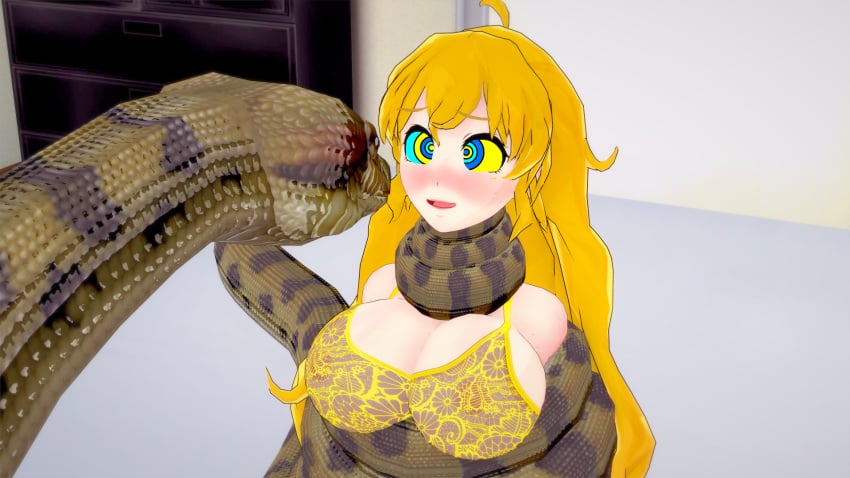 3d asphyxiation big_breasts blonde_hair bra breasts coiling coils constricting constriction crossover disney happy_trance hypnosis kaa large_breasts mrkoiru open_mouth rwby snake strangling submissive submissive_female the_jungle_book yang_xiao_long