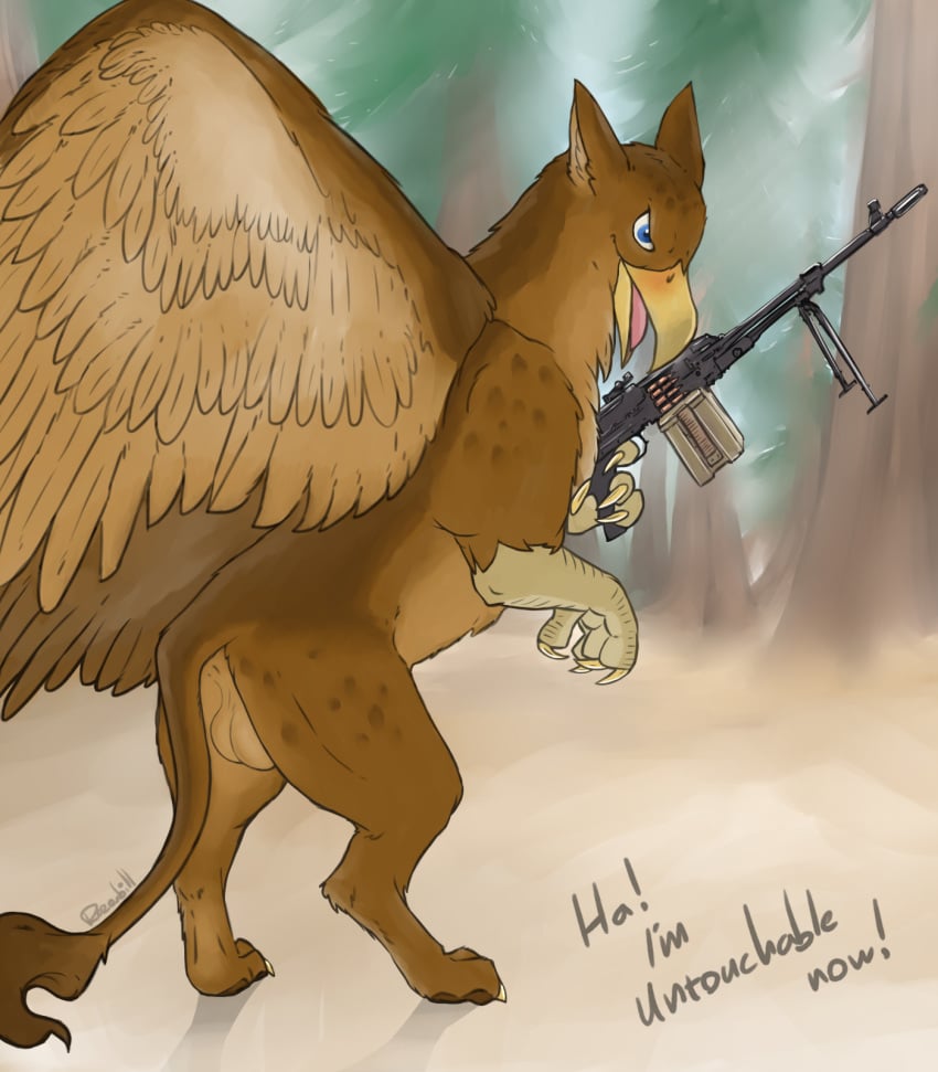 avian birdlock bullet dialogue digital_media_(artwork) eye_contact fantasy feathers forest fur gryphon gun hi_res lennard magazine on_hind_legs pine_trees pkm pose ranged_weapon razorbill rear_view smile smirk solo text tree weapon wings