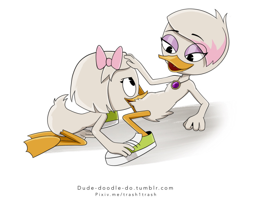 2017 2girls all_fours anthro anthro_on_anthro avian bird clothing cunnilingus disney duck ducktales ducktales_(2017) dude-doodle-do duo female footwear hair_ribbon hairbow lena_de_spell looking_up mostly_nude multiple_girls nude oral pendant reclining ribbons sex shoes simple_background spread_legs spreading vaginal_penetration webby_vanderquack white_background young yuri