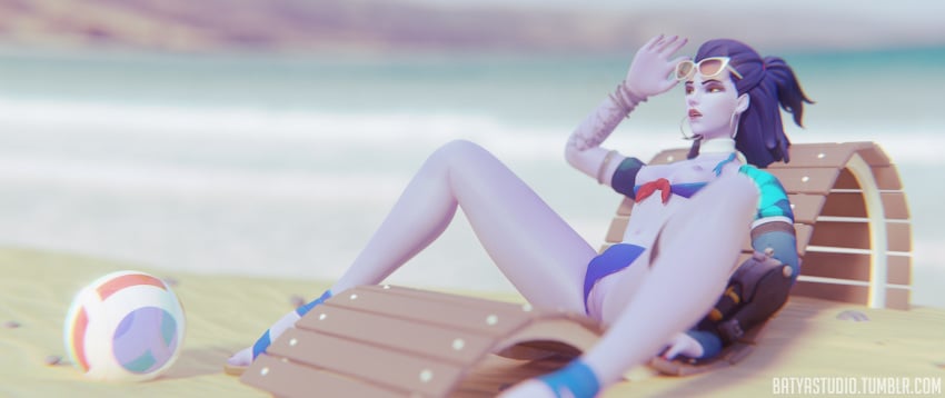 3d batyastudio beach bikini blender breasts breasts_out cote_d'azur_widowmaker glasses overwatch panties_aside purple_skin pussy widowmaker