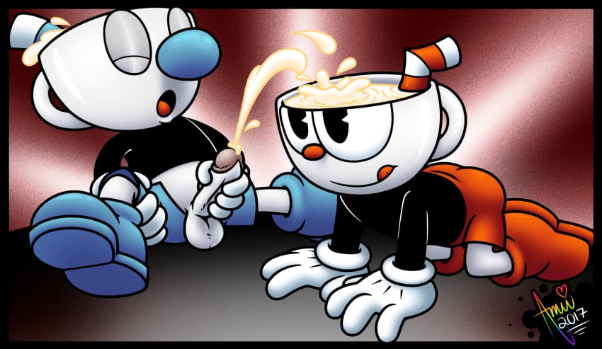 amuzoreh animate_inanimate balls cum_in_a_cup cuphead cuphead_(game) duo hi_res humanoid_penis male mugman object_head penis yaoi