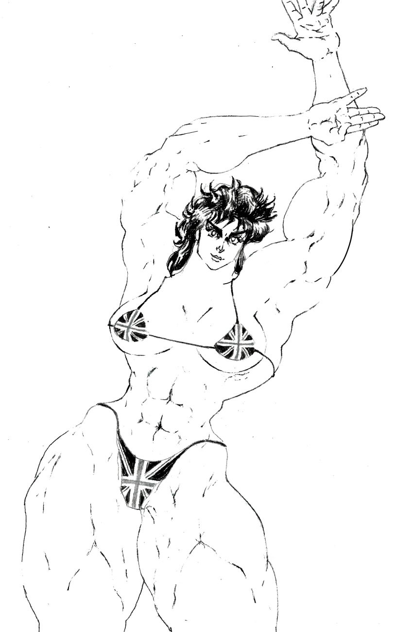 1girls abs armpit armpits arms_up big_muscles bikini black_hair female female_only guarana_taravana jojo's_bizarre_adventure jonathan_joestar muscles muscular muscular_female pencil_(artwork) phantom_blood rule_63 smile solo string_bikini thick_thighs