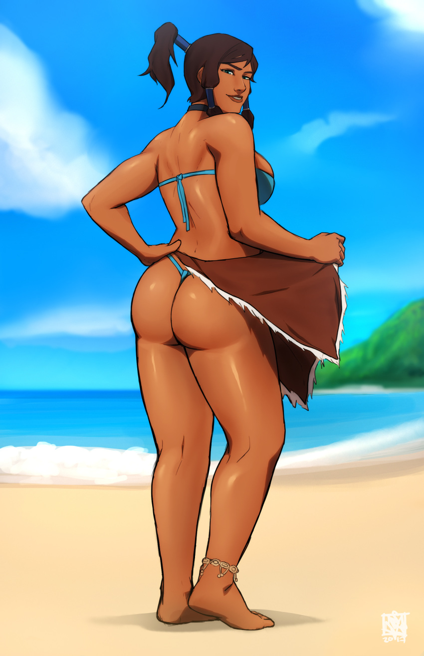 1girls 2017 alternate_breast_size anklet ass avatar_legends back back_view barefoot beach big_ass bikini blue_bikini blue_eyes breasts brown_hair bubble_butt clothed clothes clothing dark-skinned_female dark_hair dark_skin dat_ass feet female female_only hair_tubes hi_res high_ponytail hourglass_figure human kneepits korra large_breasts long_hair looking_at_viewer looking_back naavs nickelodeon outdoors ponytail sideboob sidelocks skimpy skirt skirt_lift smile smooth_skin solo swimsuit the_avatar the_legend_of_korra thong thong_bikini toes water_tribe