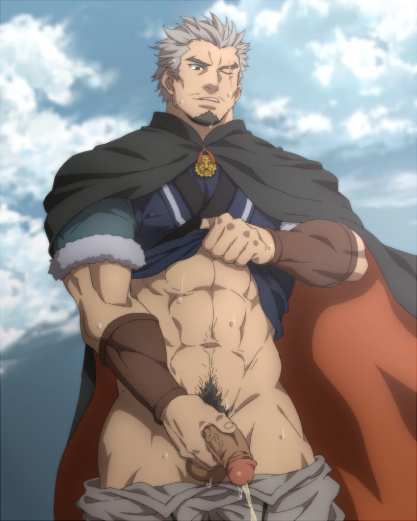 1boy abs arslan_senki bara beard hana_(artist) konohanaya kubard male male_only muscle outdoor_pee outdoors peeing penis penis_grab scar shirt_lift solo tagme urinating urinating_male urine