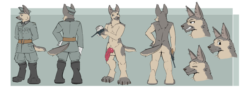 anthro bbsartboutique belt blue_eyes boots canine clothing digitigrade footwear fur german_shepherd gun hat hauptmann_meade male mammal model_sheet nude penis ranged_weapon simple_background solo uniform weapon wehrmacht