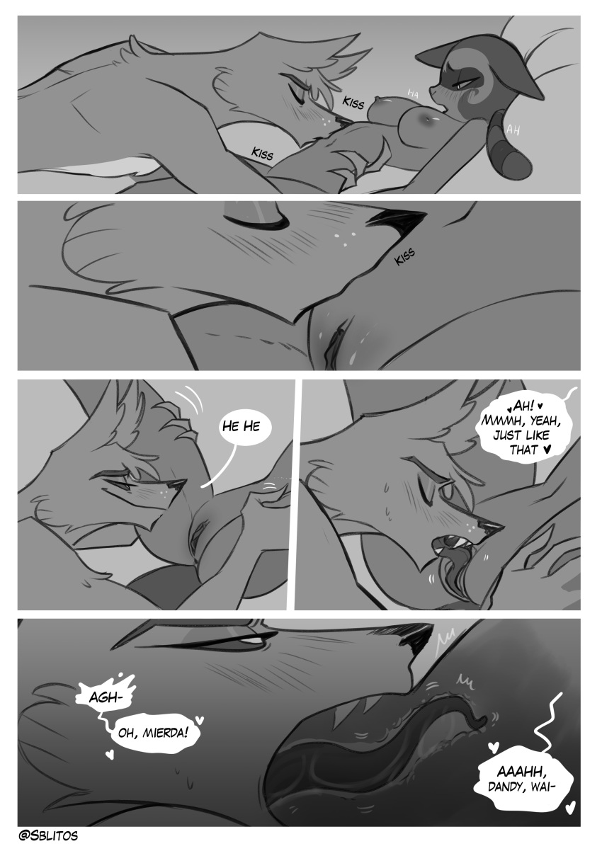 4_fingers absurd_res anthro anthro_on_anthro ass belly_kiss blush bodily_fluids breasts canid canine canis cazadora_(rentonreverb) closed_eyes comic coyote cunnilingus dandy_(rentonreverb) dialogue duo english_text fangs female fingers fur genitals greyscale hi_res humanoid_hands intimate kissing kissing_crotch larger_male lying male male/female mammal monochrome navel nipples nude nude_anthro nude_female nude_male on_back oral passionate pillow procyonid pussy raccoon romantic romantic_ambiance romantic_couple romantic_sex saliva saliva_on_tongue sblitos sex size_difference smaller_female smile spanish_text speech_bubble sweat tail teeth text tongue tongue_in_pussy tongue_out vaginal_penetration