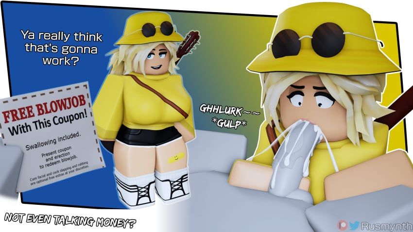 1boy 1girls abigail_(rusmynth) bandaid_on_leg blonde_hair blowjob blue_eyes cum glasses_on_head guitar roblox robloxian rusmynth shoes tagme yellow_hat yellow_shirt