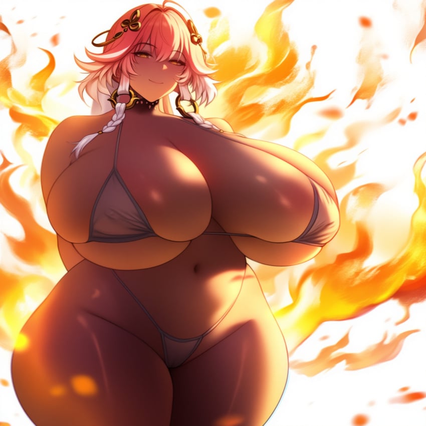 ai_generated bikini breasts burning changli_(wuthering_waves) curvy fire game_character large_breasts smile wide_hips wuthering_waves