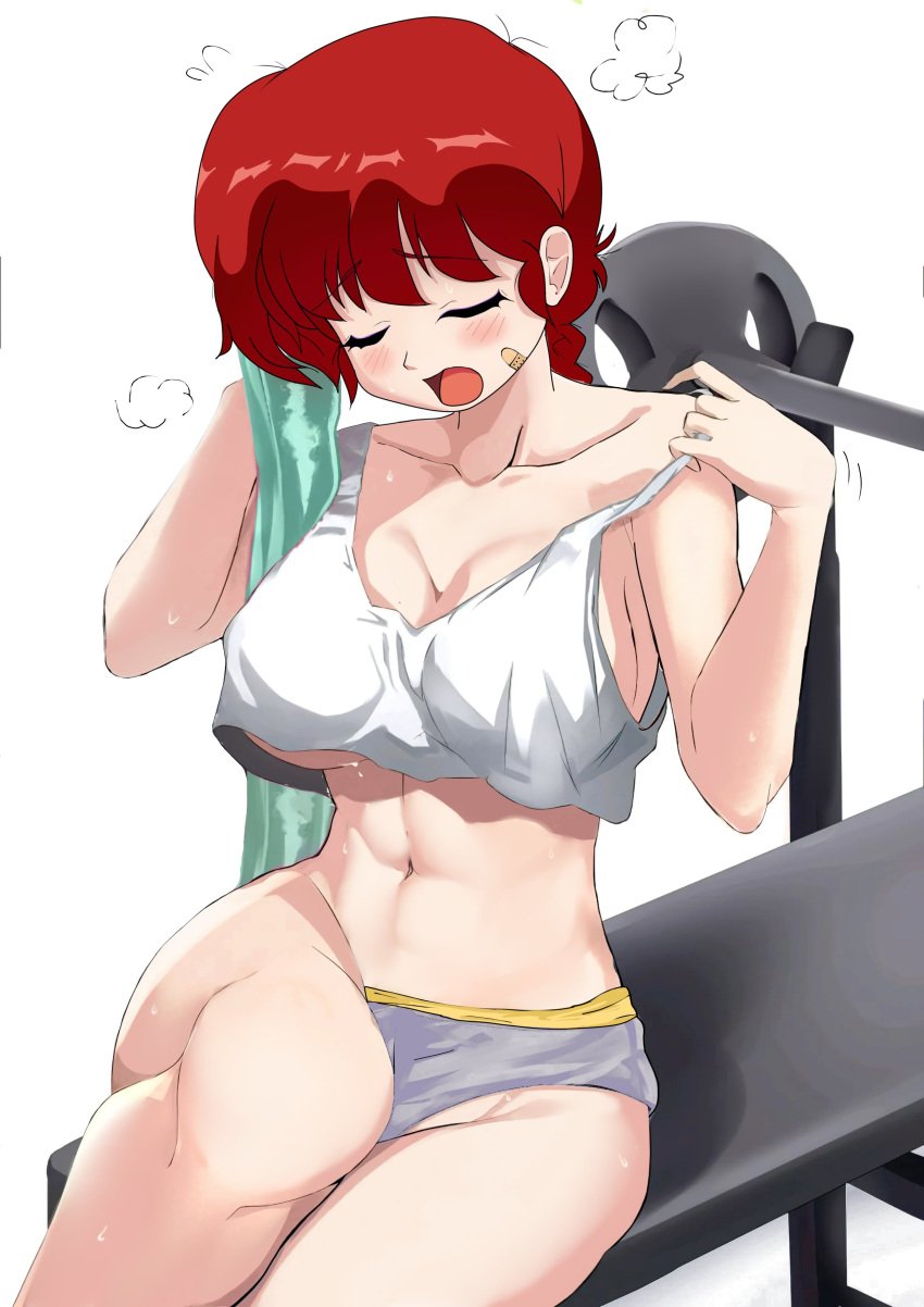 adjusting_clothes bandaid bare_arms bare_belly bare_legs bare_shoulders bare_thighs belly_button bench big_breasts blue_eyes braid breasts cleavage closed_eyes collarbone crop_top duck_(samas_king) no_bra open_mouth ranma-chan ranma_1/2 red_hair sideboob strap_pull sweat sweaty_butt tank_top thighs toned_female towel underboob white_tank_top