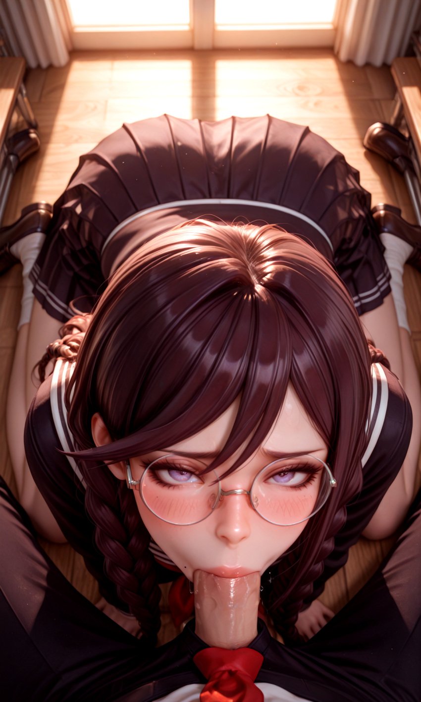 ai_generated all_fours blowjob blush chronoai danganronpa danganronpa:_trigger_happy_havoc danganronpa_2:_goodbye_despair danganronpa_v3 embarrassed fellatio fukawa_touko on_knees oral oral_penetration oral_sex pov saliva school_uniform schoolgirl uncensored