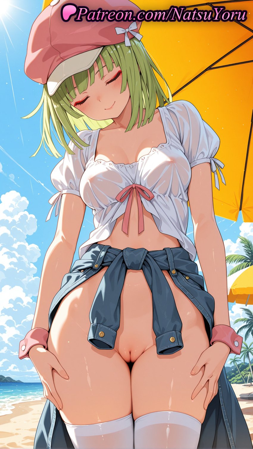 1girls 2025 ai ai_assisted ai_generated anime anime_style arms_at_sides ass_visible_through_thighs bakemonogatari bangs beach beach_umbrella blue_jacket blue_sky blunt_bangs blush bottomless breasts bust busty cabbie_hat cleft_of_venus closed_eyes closed_mouth clothes_around_waist clothing cloud collarbone covered_nipples cowboy_shot day denim eyeshadow facing_viewer female female_focus female_only green_hair hat head_tilt hentai hi_res high_quality high_resolution highres jacket jacket_around_waist makeup medium_breasts medium_hair monogatari_(series) natsuyoru navel nipples nipples_outside no_bra no_panties ocean outdoors paipan palm_tree parasol patreon pink_headwear puffy_short_sleeves puffy_sleeves pussy ribbon see-through see-through_shirt sengoku_nadeko shirt short_hair short_sleeves sky smile solo solo_female stable_diffusion standing stomach sun sweater_around_waist thigh_gap thighhighs thighs tree umbrella uncensored uncensored_nipples vagina voluptuous voluptuous_female water wet wet_clothes wet_shirt white_legwear white_shirt white_thighhighs wrist_cuffs