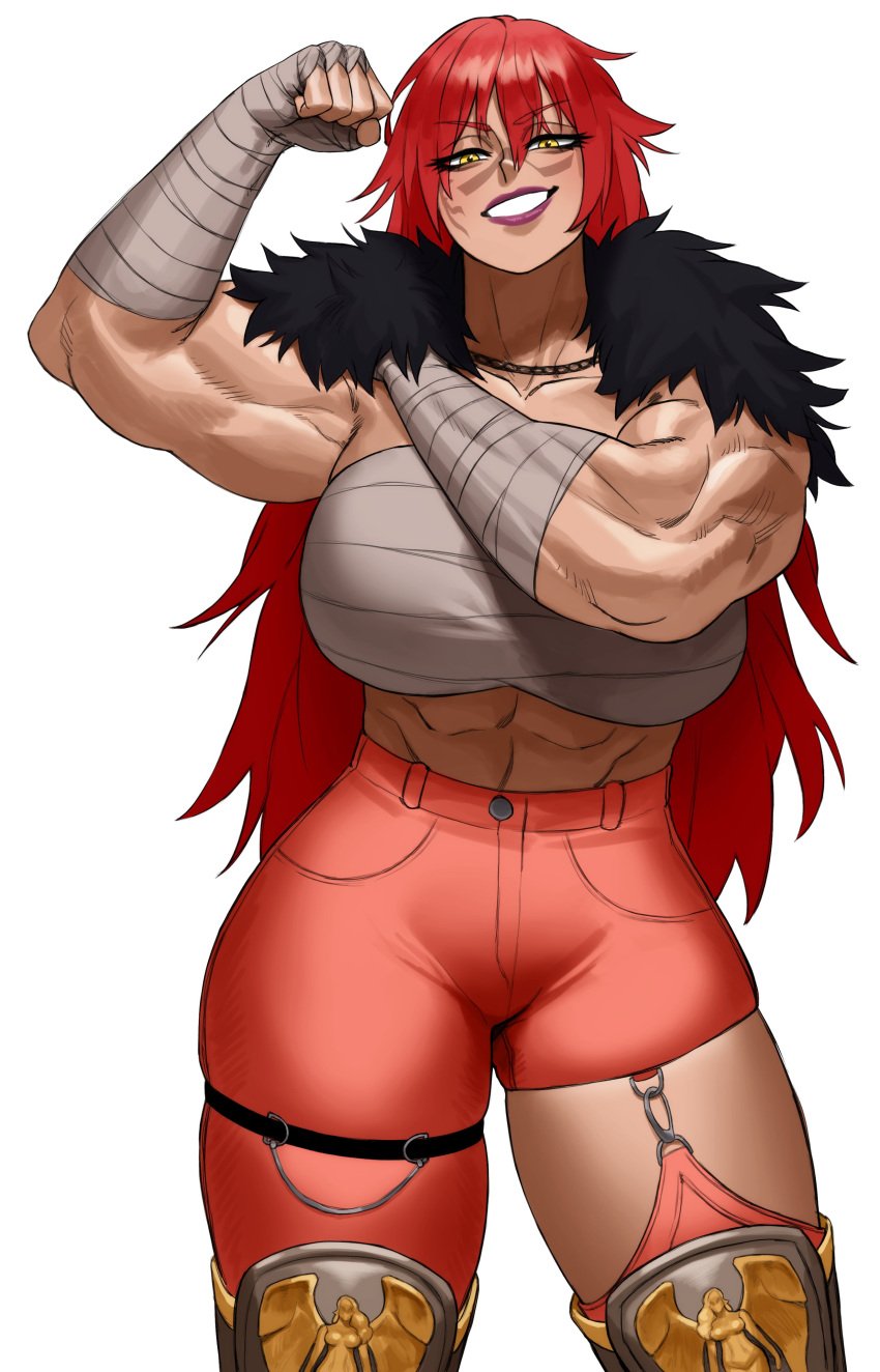 1girls absurd_res bandaged_arm bandaged_chest big_breasts commission female female_only flexing flexing_bicep grin grinning_at_viewer long_hair looking_at_viewer muscles muscular muscular_female narrowed_eyes red_hair smiling smiling_at_viewer solo sotcho thick_thighs thigh_squish white_background wide_hips yellow_eyes