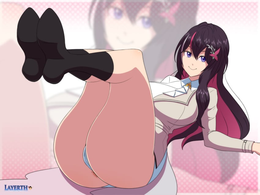 1girls anus anus_peek ass azki_(hololive) big_ass black_hair blue_eyes boots breasts cameltoe colored_inner_hair dress feet female hair_ornament high_heel_boots highres hips hololive hololive_gen_0 hololive_japan jacket layerth legs legs_up long_hair looking_at_viewer on_back panties pink_hair solo thick_thighs thighs virtual_youtuber white_dress wide_hips