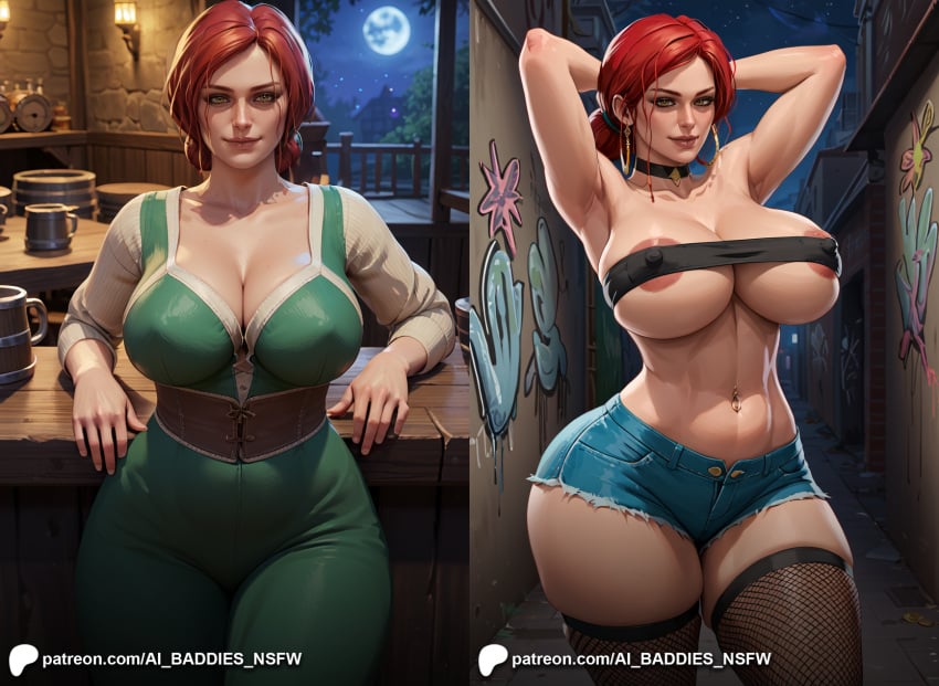 ai_assisted ai_baddies ai_generated ai_hands alley alleyway areola areolae ass belly_button big_breasts big_breasts breasts choker city city_background collar commission curvy curvy_female curvy_figure curvy_hips denim_shorts drawn earrings female fishnet_legwear fishnet_stockings fishnets fit_female green_eyes hair_bun hazel_eyes high_resolution highres hoop_earrings hoop_earrings_oversized huge_breasts large_breasts light-skinned_female light_skin massive_breasts naval_piercing night nipples patreon patreon_logo patreon_url patreon_username red_hair red_hair redhead_female slutty_clothing slutty_outfit tavern tavern_wench the_witcher the_witcher_(series) the_witcher_2 the_witcher_3:_wild_hunt the_witcher_4 thick_thighs thighs triss_merigold tubetop urban voluptuous voluptuous_female yellow_eyes