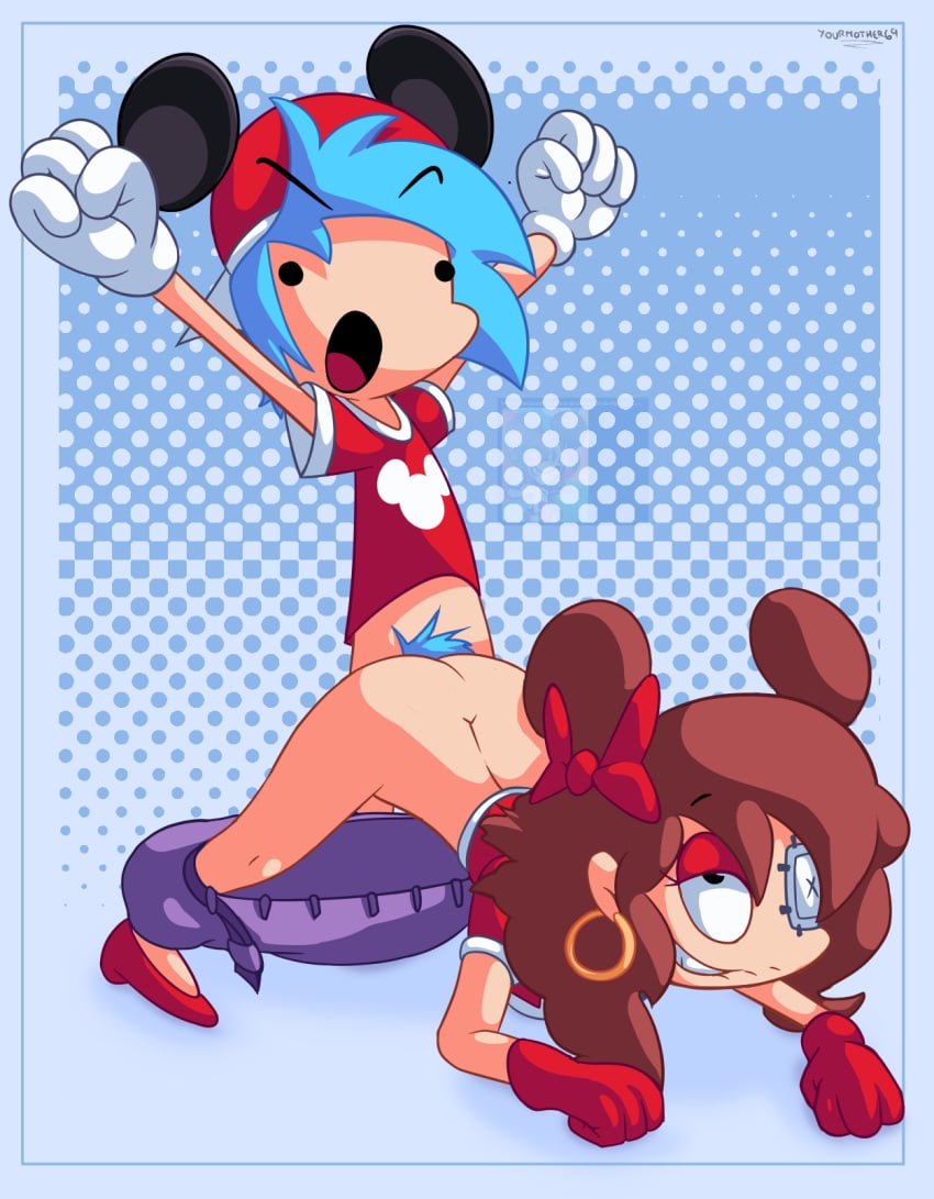 all_fours ass blue_hair bow boyfriend_(friday_night_funkin) cartoony dot_eyes earrings eye_patch female friday_night_funkin friday_night_funkin_mod girlfriend_(friday_night_funkin) lol male male/female me_when mickey_mouse mickey_mouse_(cosplay) mickey_mouse_ears pants_down vs_mouse white_gloves xd yourmother69