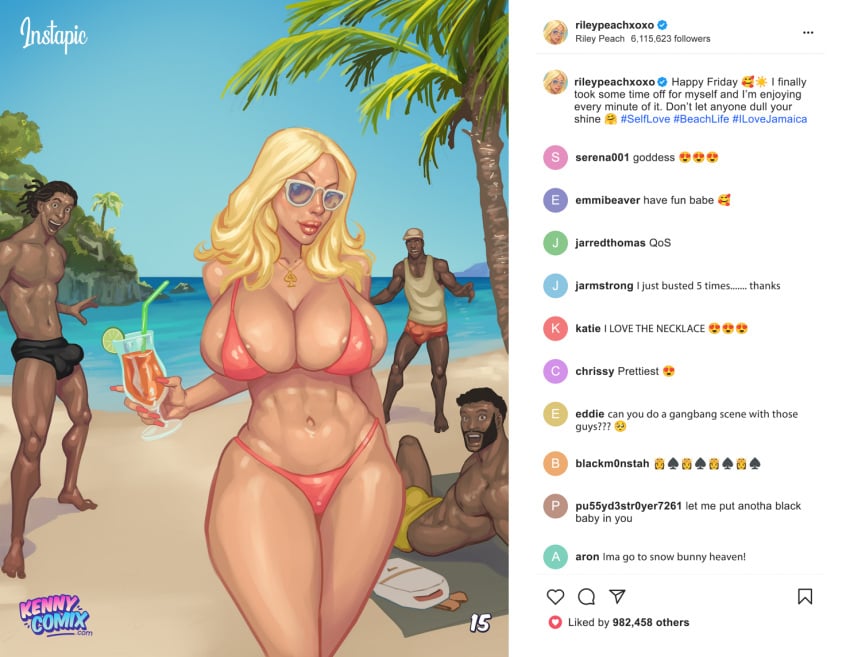 2d bikini bimbo blonde_hair busty comic dark-skinned_male dark_skin day female female_focus green_eyes hourglass_figure human human_female interracial kennycomix light-skinned_female light_skin long_hair male male/female milf outdoors png riayh riley_peach thirst_trap_(comic) wide_hips yair