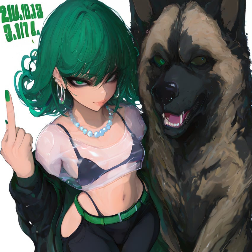 belt bra brat bratty canine german_shepherd green_eyes green_hair looking_at_viewer makeup mayyreel middle_finger midriff necklace one-punch_man pants see-through see-through_clothing see-through_shirt slutty_clothes small_breasts tatsumaki underwear zoophilia zoophilia