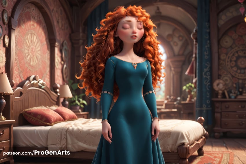 1girls ai_generated artist_name bed bedroom blue_dress blurry brave breasts carpet clock closed_eyes curly_hair disney disney_princess dress freckles hi_res indoors jewelry lamp lips long_hair long_sleeves makeup merida orange_hair pillow progenarts rug small_breasts solo standing watermark wavy_hair web_address window wooden_floor