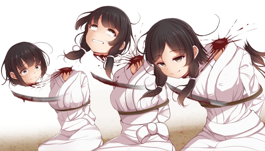 3girls beheading black_hair blood breasts corpse crying death decapitation eyes_rolling_back gore guro kneeling marost_(artist) original rope severed_head short_hair smile tear tied_up white_kimono yellow_eyes