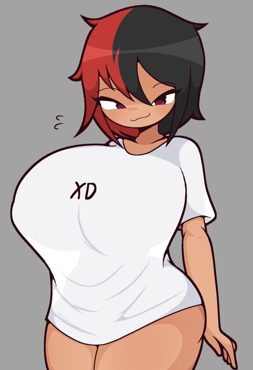 1girls absurd_res absurdres black_hair ebony ember_(suiccint) huge_breasts large_breasts oc original original_character red_eyes red_hair see-through see-through_clothing smug smug_face smug_smile suiccint thick_thighs tight_clothing tight_fit two_tone_hair white_shirt