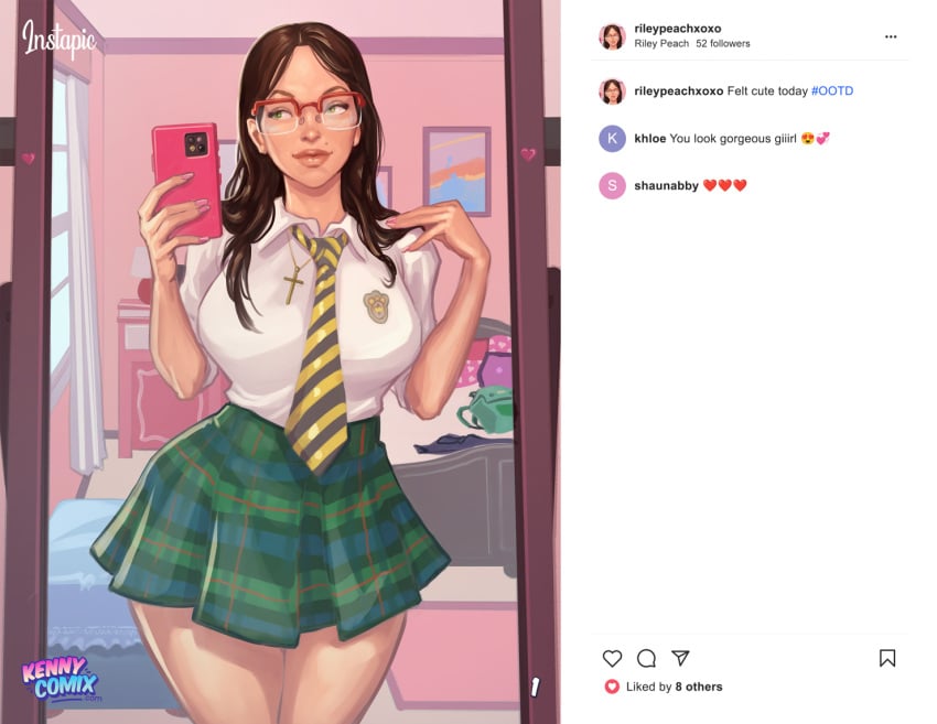 2d brown_hair busty comic female female_focus green_eyes hourglass_figure kennycomix long_hair png riayh riley_peach school_uniform schoolgirl tagme thirst_trap_(comic) wide_hips yair