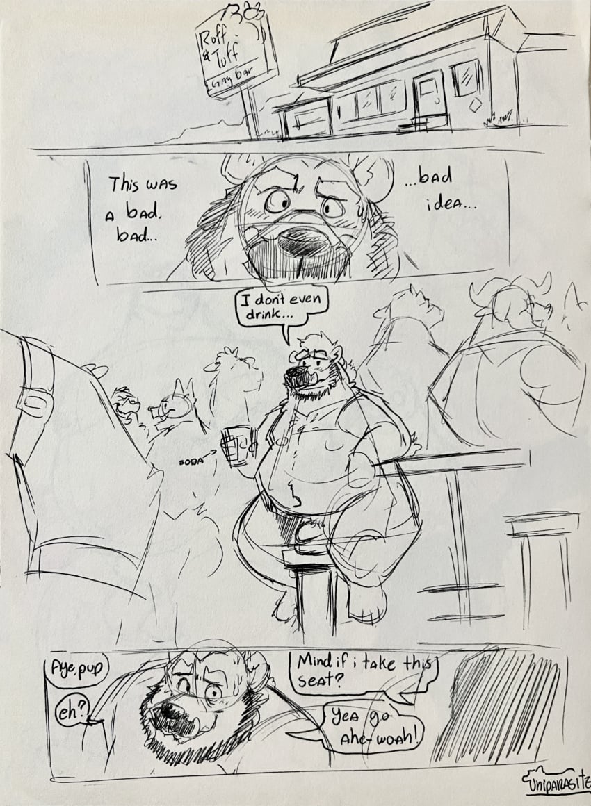 anthro bar bear beard belly black_and_white casual_nudity comic crowd dialogue facial_hair fling_(uniparasite) group hi_res inner_monologue male mammal monochrome moustache nude nude_male overweight overweight_male pen_(artwork) public public_nudity social_nudity solo_focus thinking traditional_media_(artwork) uniparasite