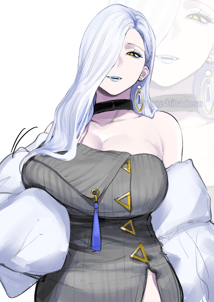 1girls bare_shoulders black_choker blue_lips breasts choker clavicle cleavage clothing dress earrings eyeliner eyeshadow fangs fate/grand_order fate_(series) female grey_dress hair_over_one_eye hoop_earrings jacket jewelry large_breasts lips long_hair long_sleeves looking_at_viewer makeup off_shoulder omi-san_(fate) pale_skin parted_lips ribbed_dress slit_pupils smile solo sweater sweater_dress tassel white_jacket yellow_eyes yuushiba