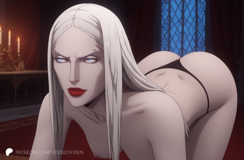 1female 1girls ai ai_art ai_assisted ai_generated ass ass_focus ass_up bare_breasts bare_thighs blue_eyes breasts breasts_out breasts_out_of_clothes carmilla_(castlevania) castlevania castlevania_(netflix) curvaceous_female curvaceous_figure curvy curvy_body curvy_female curvy_figure curvy_hips dominant_female female makeup naked_female nipples perfect_body ready_to_fuck seducing seductive seductive_body seductive_eyes seductive_gaze seductive_pose seductive_smile small_waist smirk smirking solo solo_female solo_focus thong thong_only thong_panties thong_underwear tits_out topless vampire villainess white_hair