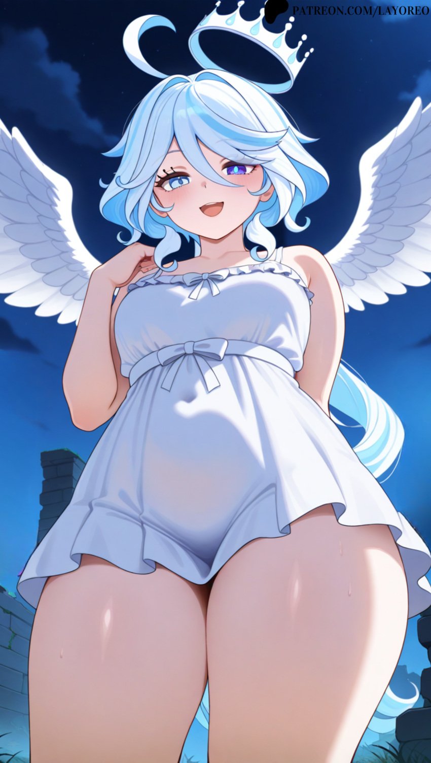 3girls ai_assisted ai_generated angel angel_halo angel_wings angelical bare_legs barefoot breasts female furina_(genshin_impact) genshin_impact halo hoyoverse lay-oreo looking_at_viewer looking_down mihoyo pleasure_face raiden_shogun seductive seductive_look solo solo_female standing tagme thick_thighs thighs white_dress