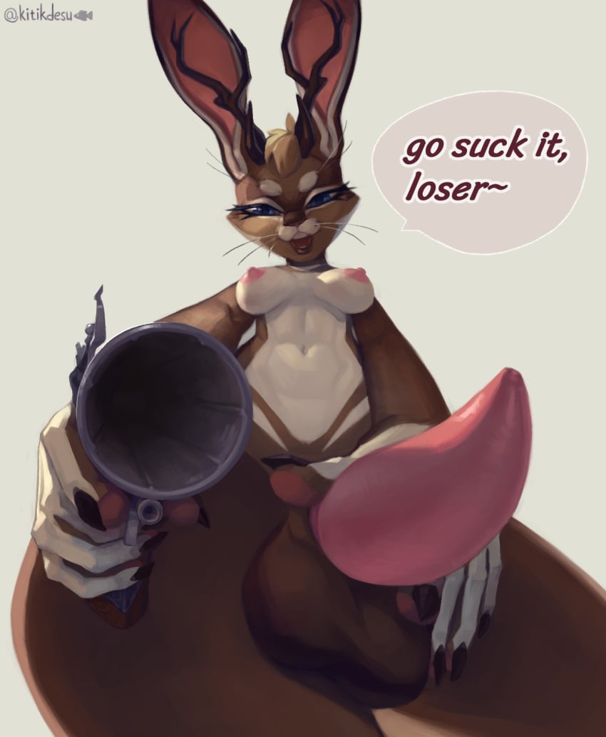 animal_genitalia animal_penis anthro antlers balls blue_eyes breasts brown_body brown_fur flintlock_pistol fur genitals gynomorph head_tuft herm_(lore) hi_res horn inaba_(crimsir) intersex jackalope kitik1 lagomorph lagomorph_penis looking_at_viewer mammal penis solo speech_bubble tapering_penis threatening_with_weapon tuft whiskers white_body white_fur