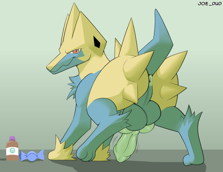 animal_genitalia animal_penis anus ass balls big_butt blue_body blue_fur candy canid canine canine_genitalia canine_penis dessert digital_media_(artwork) erection feral food fur fur_tuft generation_3_pokemon genitals hi_res joe_dud knot knotted_penis looking_at_viewer looking_back male mammal manectric nintendo nude penis pokemon pokemon_(species) pp_up presenting presenting_hindquarters quadruped raised_tail rare_candy rear_view signature simple_background smile solo tail throbbing throbbing_penis tuft yellow_body yellow_fur