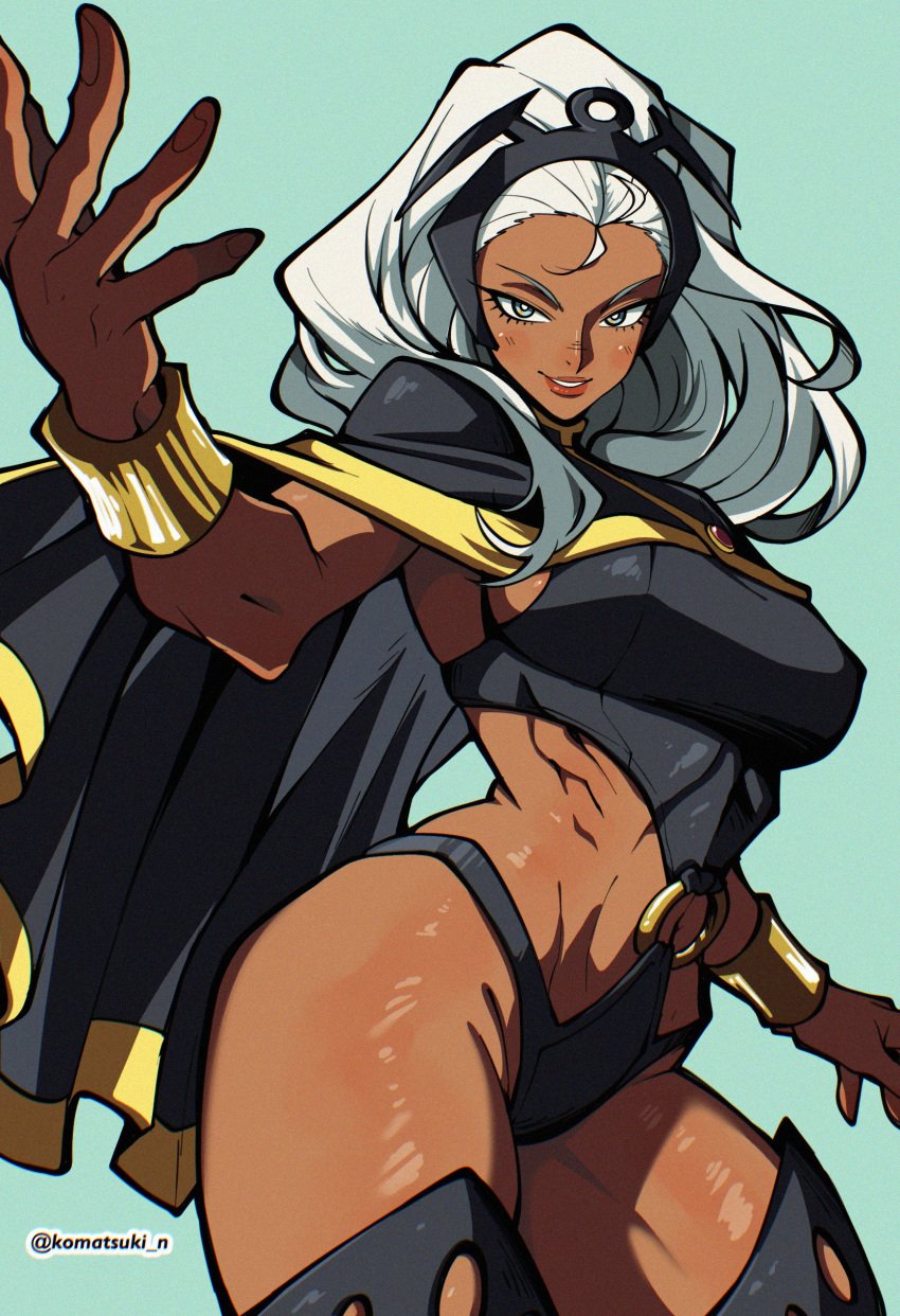 animification black_clothes black_thighhighs blue_eyes bracelet breasts cape clothing cowboy_shot dark-skinned_female dark_skin female female_only gloves headwear jewelry komatsuki komatsuki_n large_breasts legwear lips long_hair looking_at_viewer marvel marvel_comics muscle navel o-ring parted_lips sideboob simple_background smile solo standing storm_(x-men) thick_thighs thighhighs thighs twitter_username underwear white_hair x-men