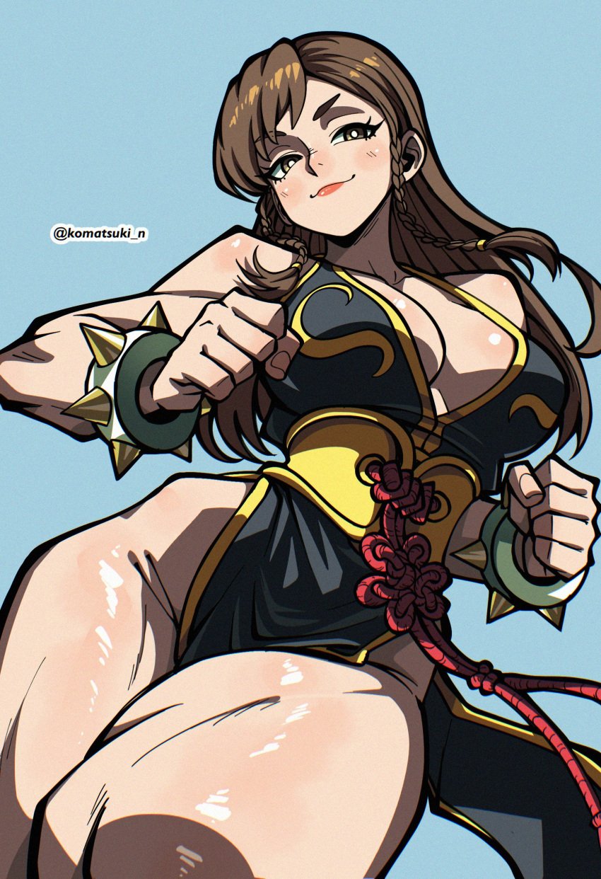 black_dress blue_background bracelet braid breasts brown_eyes brown_hair china_dress chinese_clothes chun-li cleavage clenched_hands clothing dress earrings female female hair_down jewelry komatsuki komatsuki_n large_breasts long_hair looking_at_viewer pelvic_curtain simple_background smile solo spiked_bracelet spikes street_fighter thick_thighs thighs twin_braids