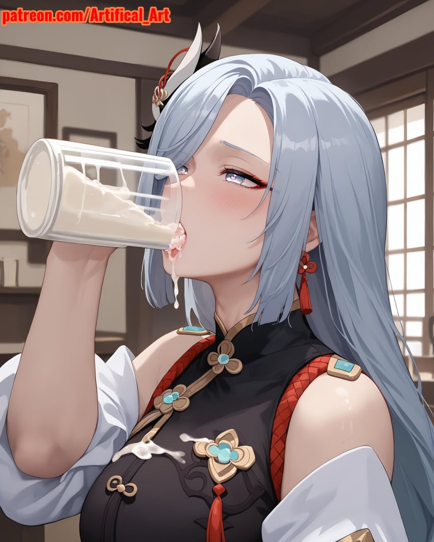 1girls ai_generated anime_girl artifical_art blue_eyes blush braided_hair cum cum_drinking cum_in_mouth dripping dripping_cum dripping_semen genshin_impact grey_hair hair_ornament hoyoverse light-skinned_female long_hair medium_boobs medium_breasts semen semen_in_mouth shenhe_(genshin_impact) solo white_hair