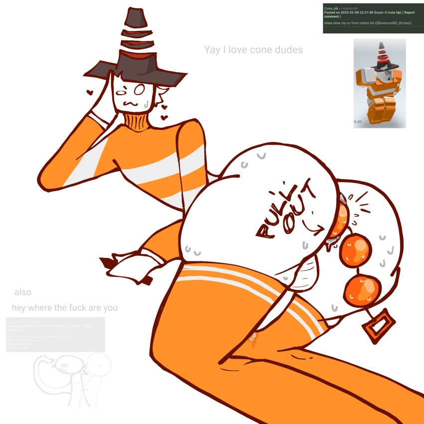 1boy 2d :3 anal_beads anal_beads_in_ass ass_focus battr cone_hat femboy hair_tuft hearts_around_head laying_on_side orange_clothing reference_image request roblox roblox_avatar robloxian rule_34_comment self_upload silly stockings striped_clothing sweat tagme teasing traffic_cone white_background white_skin writing_on_ass