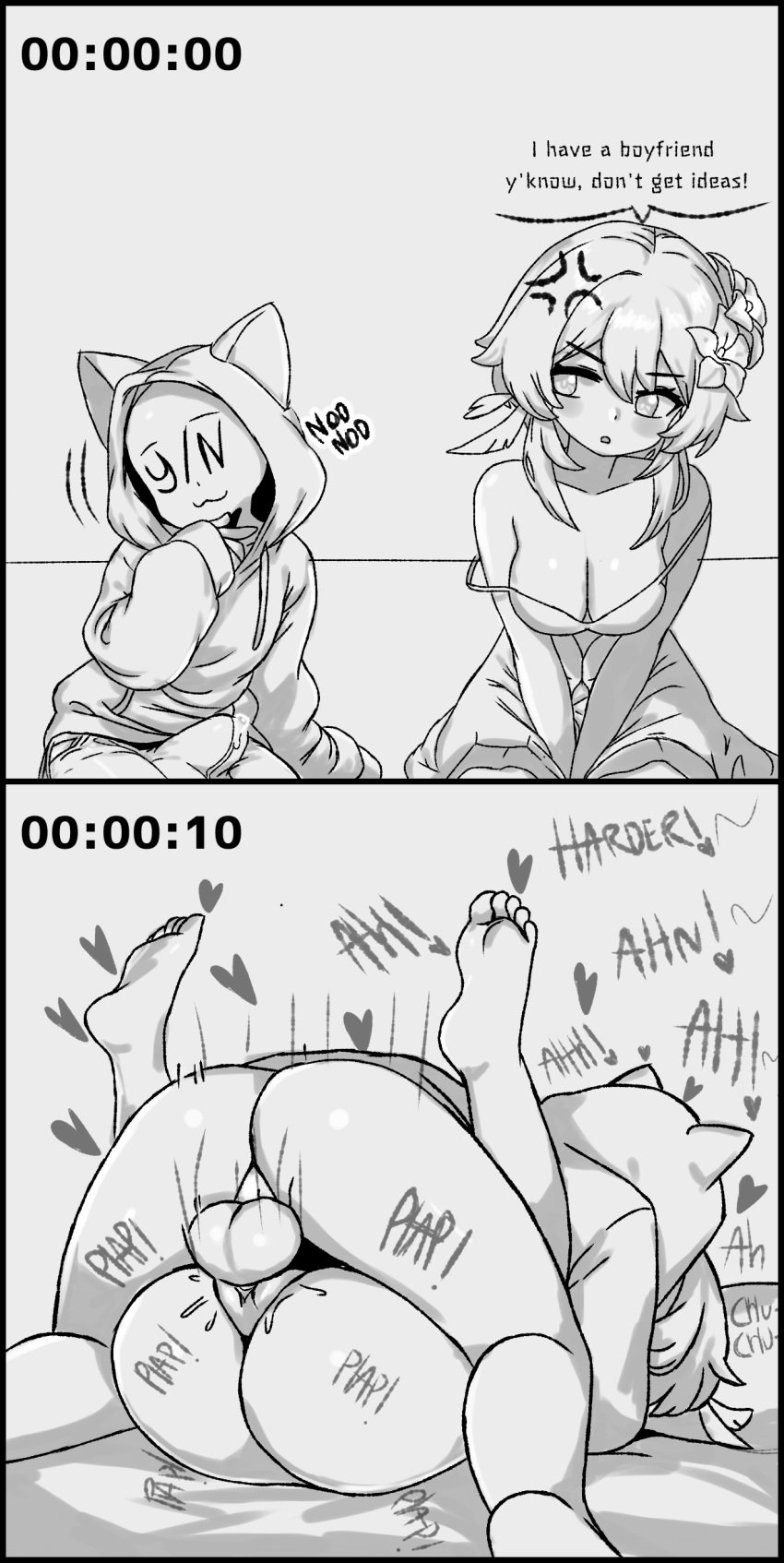 1boy 1girls 2koma :3 androgynous ass balls balls_deep bottomless bulge cleavage dress english english_text erection_under_clothes faceless_male genshin_impact harder heart hoodie instant_loss_2koma kissing large_breasts lumine_(genshin_impact) mating_press onomatopoeia penis precum pussy sex simple_background straight testicles text time_skip unepicroachy vaginal_penetration y/n