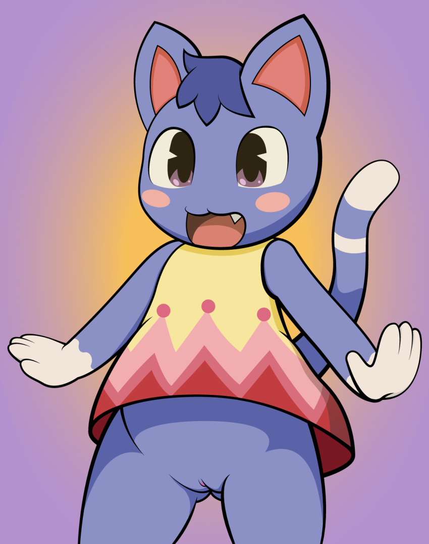 2017 alternate_version_available animal_crossing anthro anthrofied blue_fur blush bottomless clothed clothing digital_media_(artwork) fangs felid feline felis female fur furry furry_only hair hi_res infamousrel mammal nintendo open_mouth partially_clothed pinup pokeandpenetrate pose pussy rosie_(animal_crossing) simple_background smile solo standing tail topwear upskirt video_games