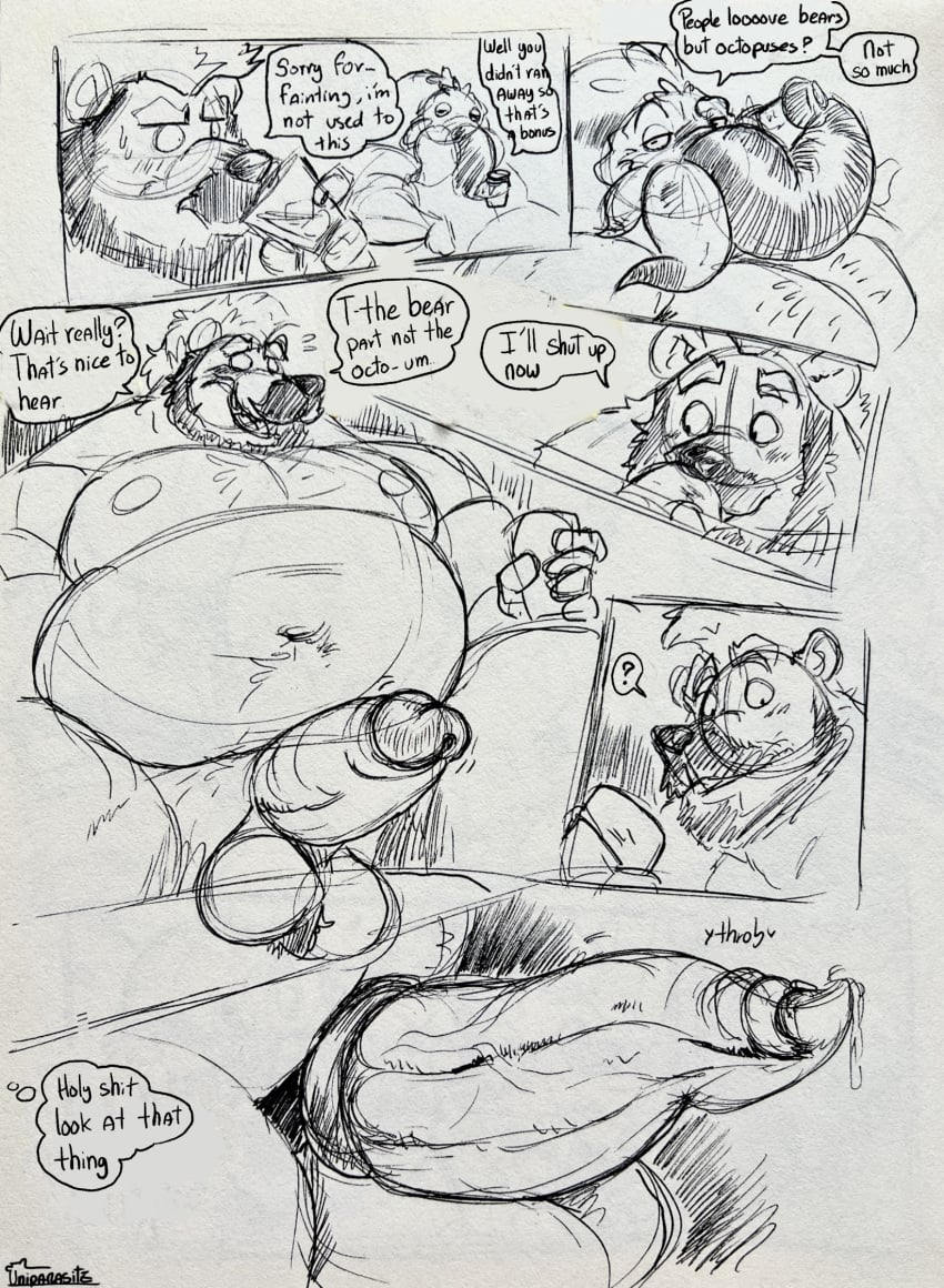 accessory animal_genitalia animal_penis anthro balls barazoku bear beard belly big_penis bodily_fluids cephalopod cetacean_genitalia cetacean_penis cock_ring coleoid comic duo english_text erection facial_hair fling_(uniparasite) genital_fluids genitals hi_res humanoid_genitalia humanoid_penis inner_monologue jewelry looking_at_genitalia looking_at_penis male male/male mammal marine mature_male mollusk monochrome moobs nude nude_male octopodiform octopus overweight overweight_male pen_(artwork) penis penis_accessory penis_awe penis_jewelry precum tapering_penis text thinking traditional_media_(artwork) tyquid_(uniparasite) uniparasite