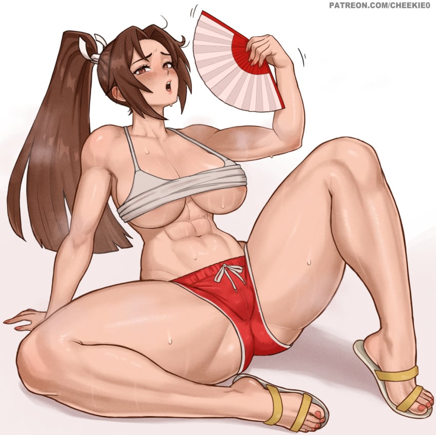 1girls abs areola_slip blush breasts brown_eyes brown_hair cheekie0 cleavage fatal_fury hi_res large_breasts mai_shiranui nail_polish open_mouth patreon_username pink_nails ponytail simple_background solo thick_thighs url white_background