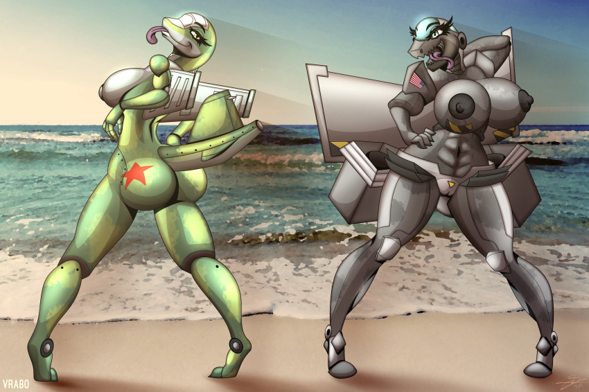 abs absurd_res aircraft american_symbol anthro anthro_plane areola ass beach big_breasts big_eyelashes breasts bubble_butt duo eyelashes female furry_only green_body grey_body hand_on_hip hi_res huge_breasts huge_eyelashes living_aircraft living_machine long_tongue machine muscular navel no_humans nude open_mouth outside pussy sand seaside shaded side_by_side smile soft_shading standing star tongue tongue_out vrabo water wings